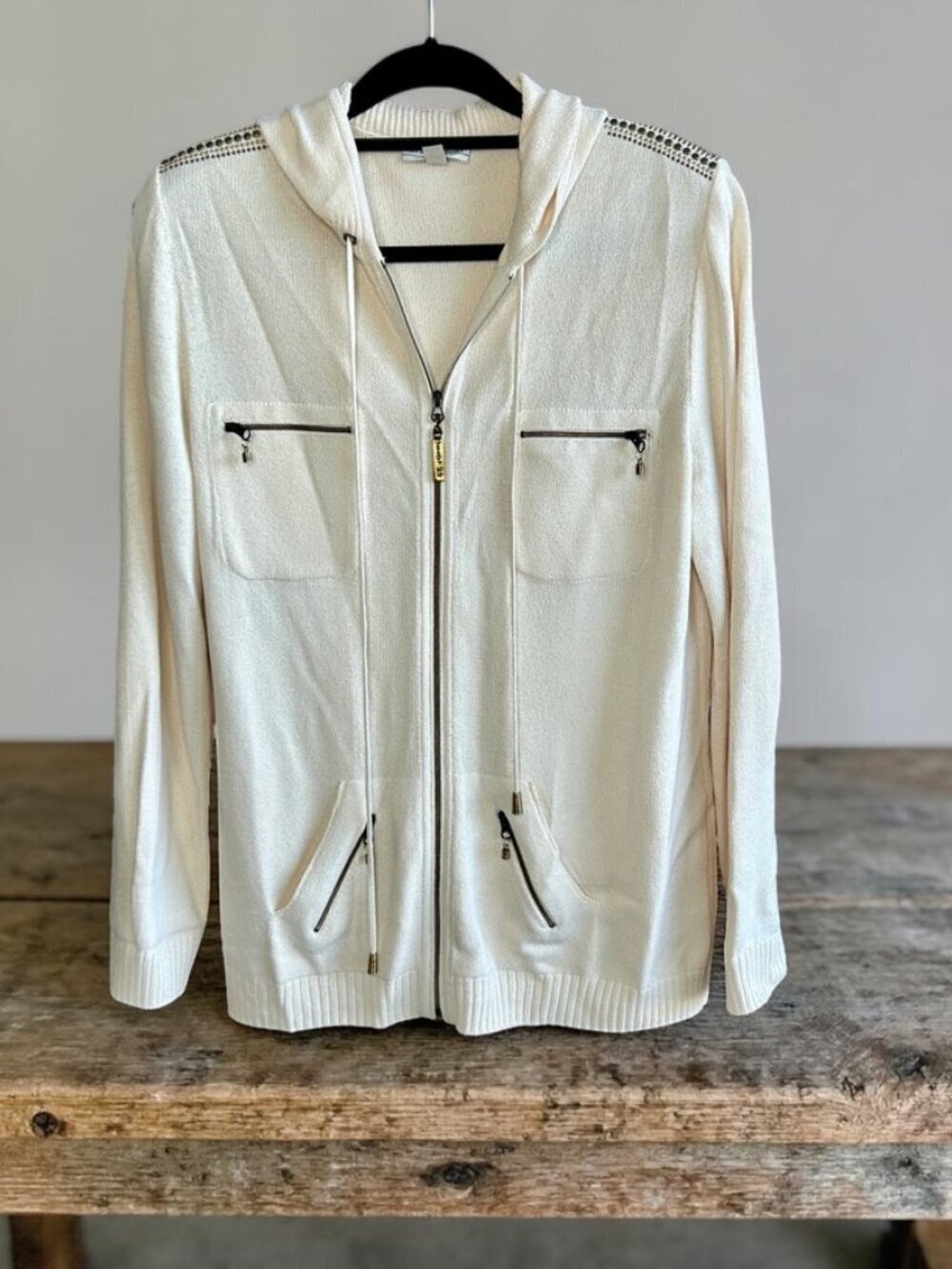 St. John Sport Cream Santana Knit Studded Hooded Full Zip Cardigan Sweater